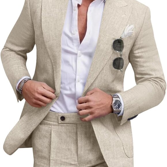 Men's Beige Linen Suit Set - Stylish 2 Piece Tuxedo for Weddings & Parties - Picture 1 of 6